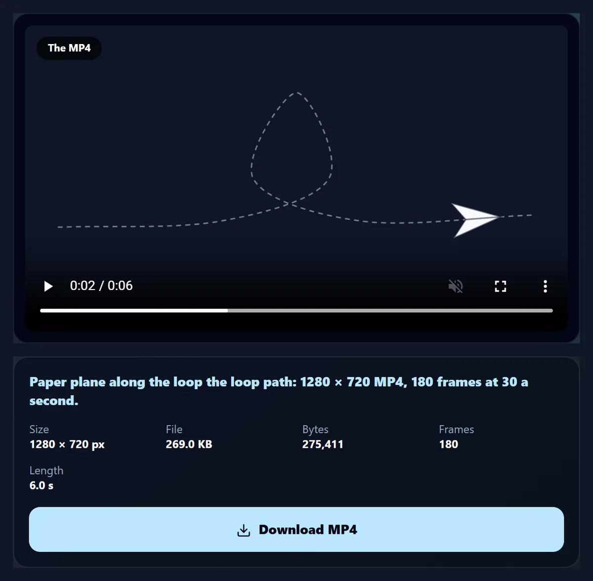 The finished MP4 of a paper plane on the loop the loop, playing in the tool, with its size, file size, frame count and length below