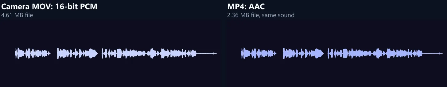 The waveform of the camera MOV's PCM sound beside the waveform of the MP4's AAC sound: the same shape