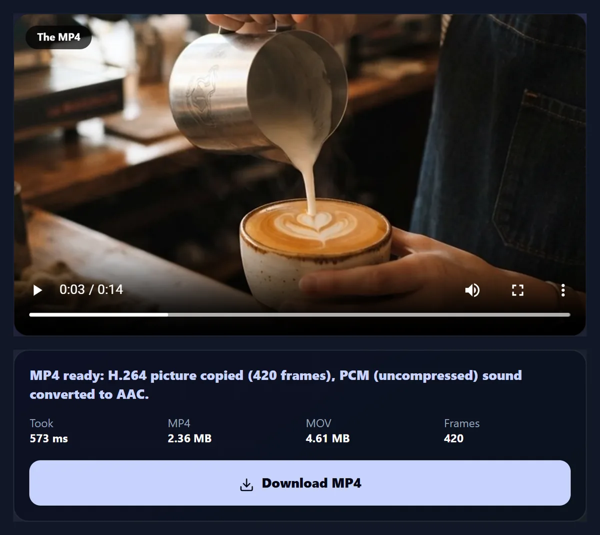 The MP4 made from the camera MOV playing in the tool, with the time it took, its size and frame count, and a download button