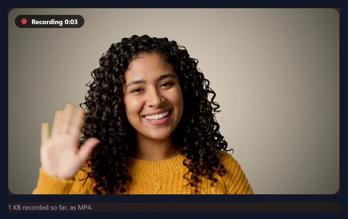 The recorder recording the webcam: a smiling woman in a yellow jumper waving, with a red recording dot and a timer