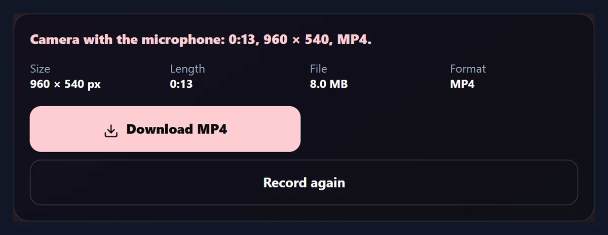 The finished recording’s details: its size, length, file size and MP4 format, with Download and Record again buttons