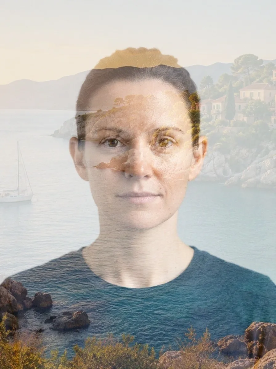A portrait of a woman with a coastal landscape blended into her face and shirt