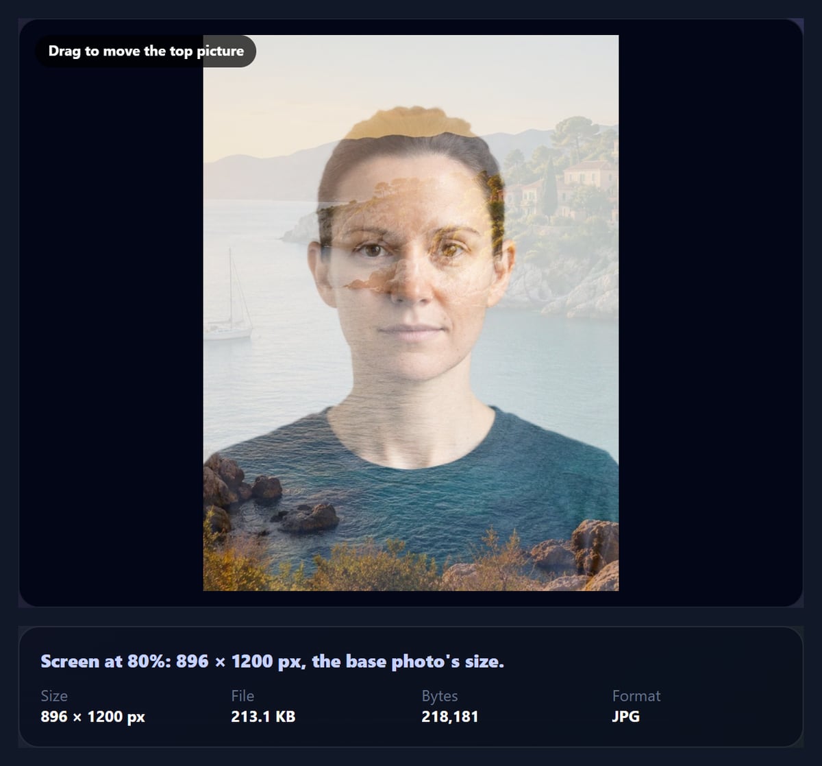 The overlay tool with a coastal landscape screened over a studio portrait