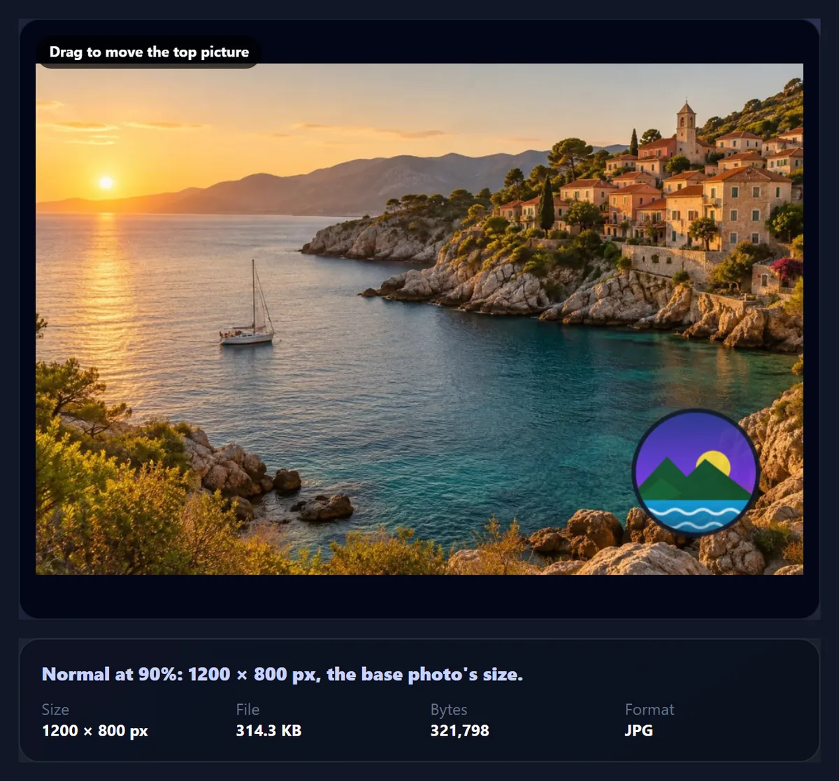 A small round logo in the corner of a coastal sunset photo