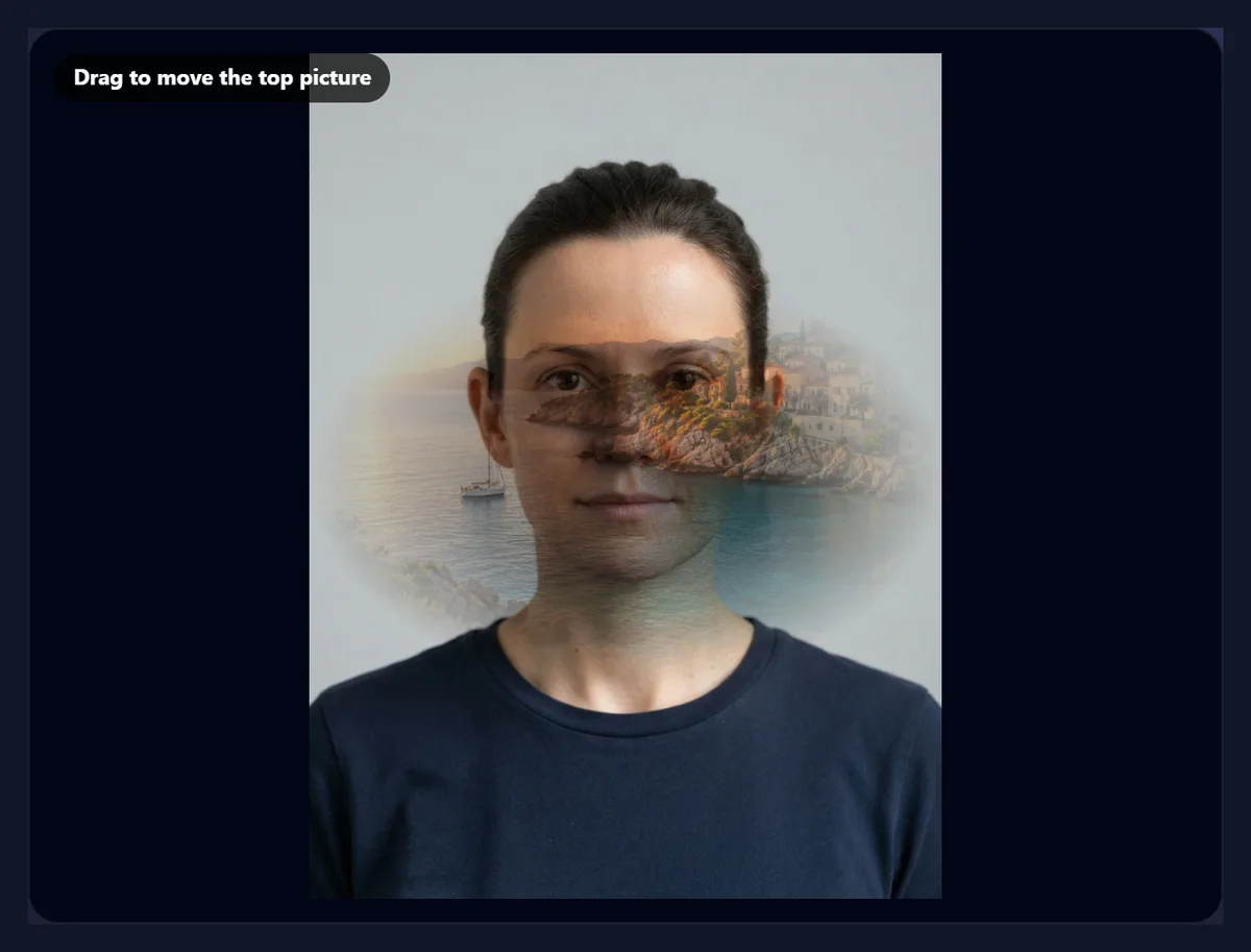 A landscape fading into a portrait through soft elliptical edges
