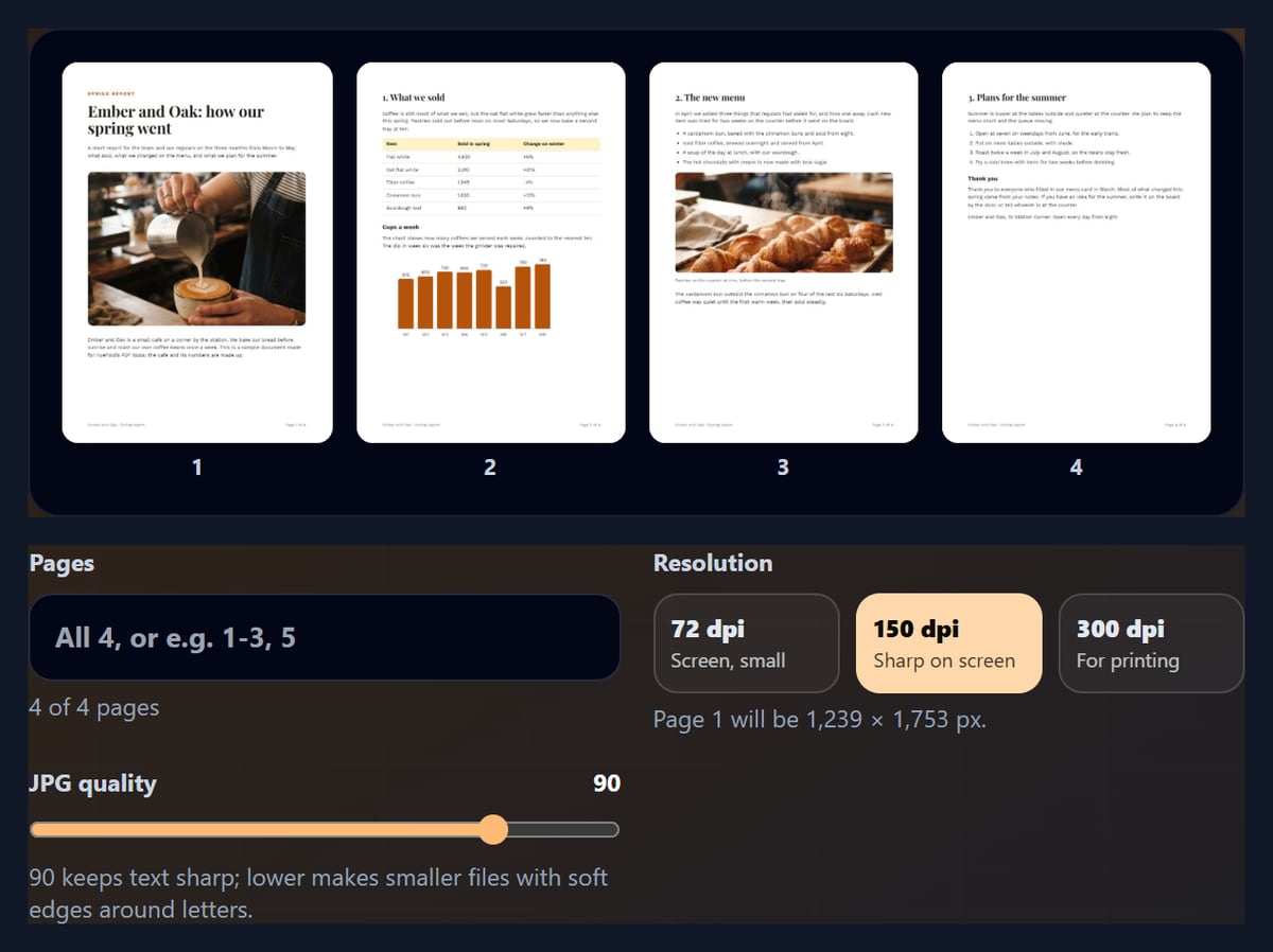 The PDF to JPG tool with a 4-page report open as thumbnails, resolution buttons and a quality slider