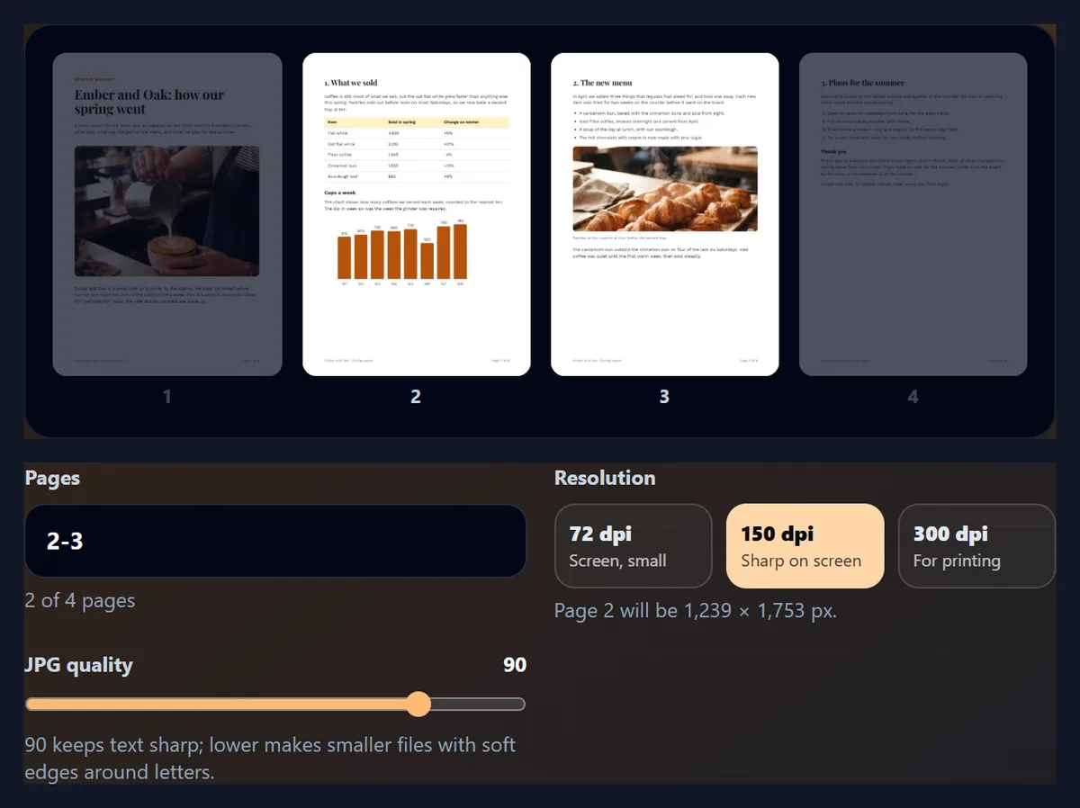 The page range 2-3 typed into the Pages box, with pages 1 and 4 dimmed in the thumbnails and the note 2 of 4 pages