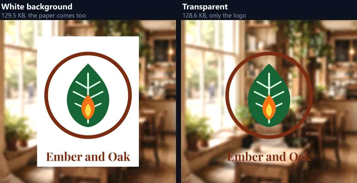The Ember and Oak logo saved from a PDF twice, laid over a blurred photo of a café: on the left inside a white rectangle of paper, on the right with only the logo over the photo
