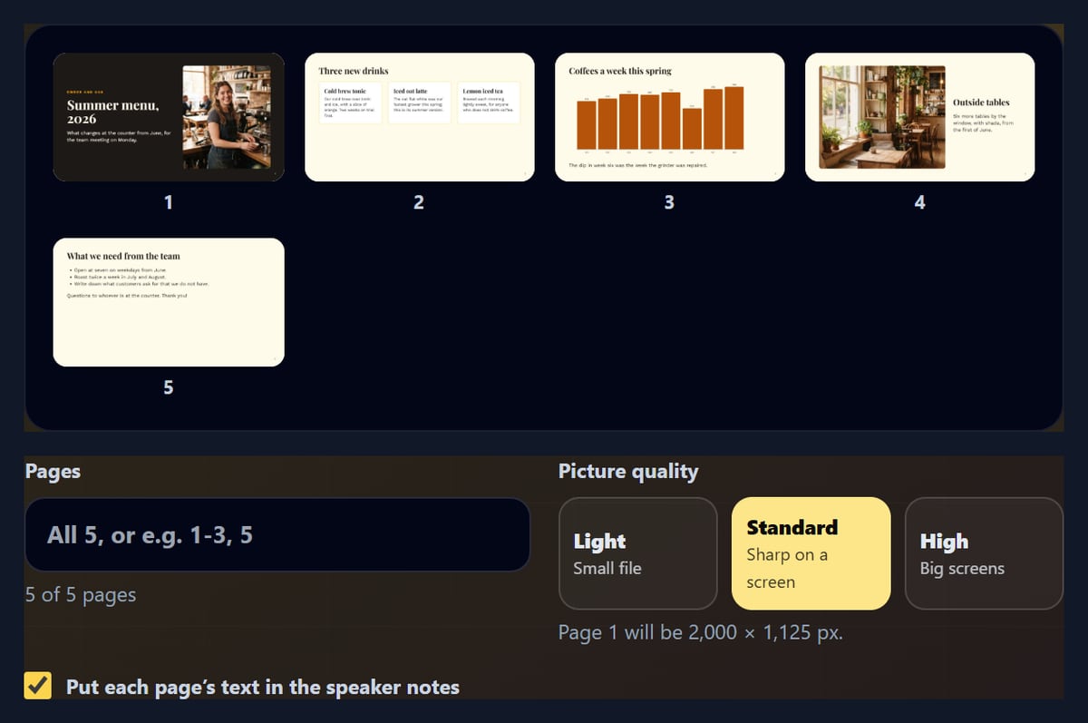 The PDF to PPT tool with a 5-page 16:9 deck open as thumbnails and picture quality buttons