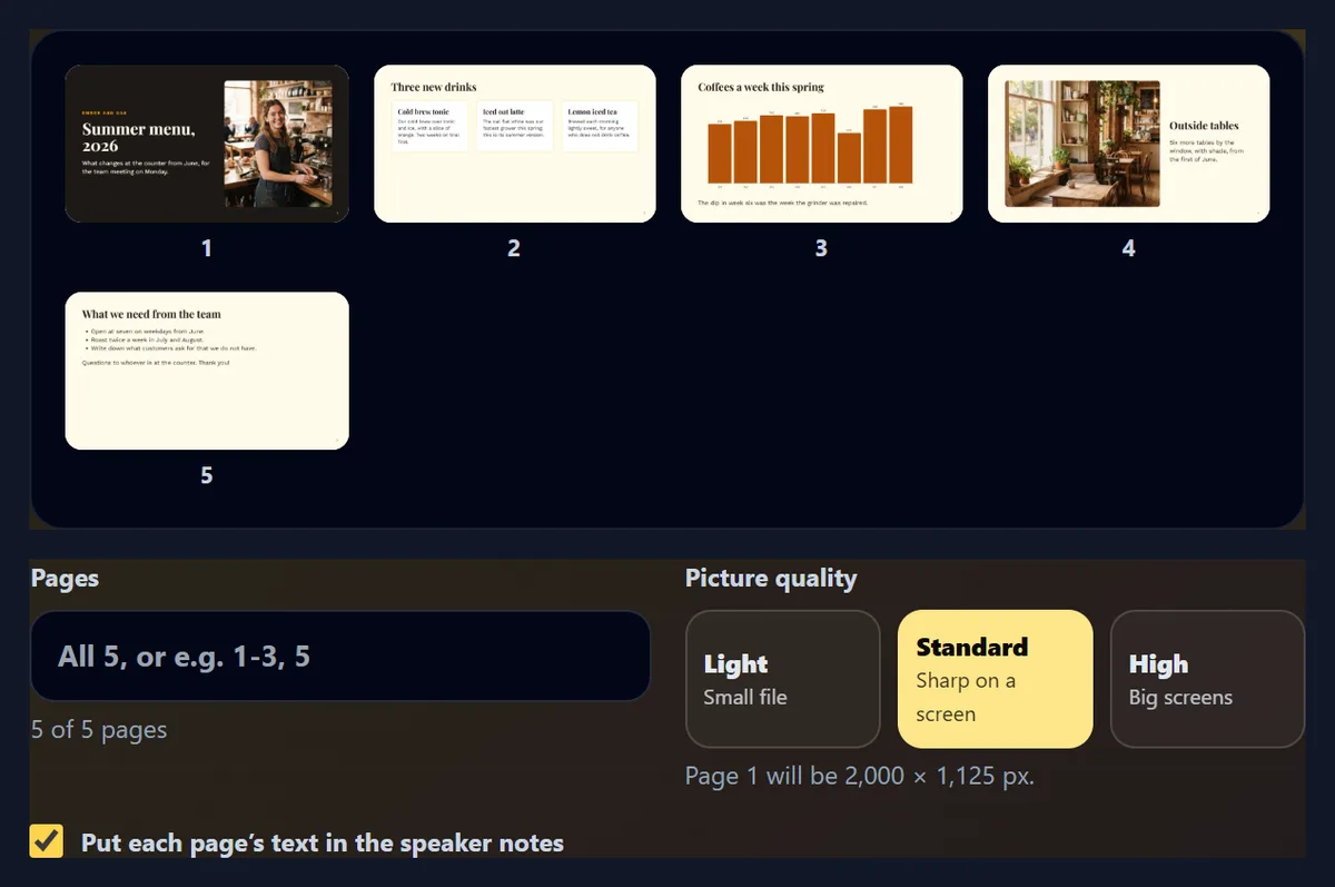 The PDF to PPT tool with a 5-page 16:9 café deck open as thumbnails, a Pages box, Light, Standard and High quality buttons and the speaker notes option
