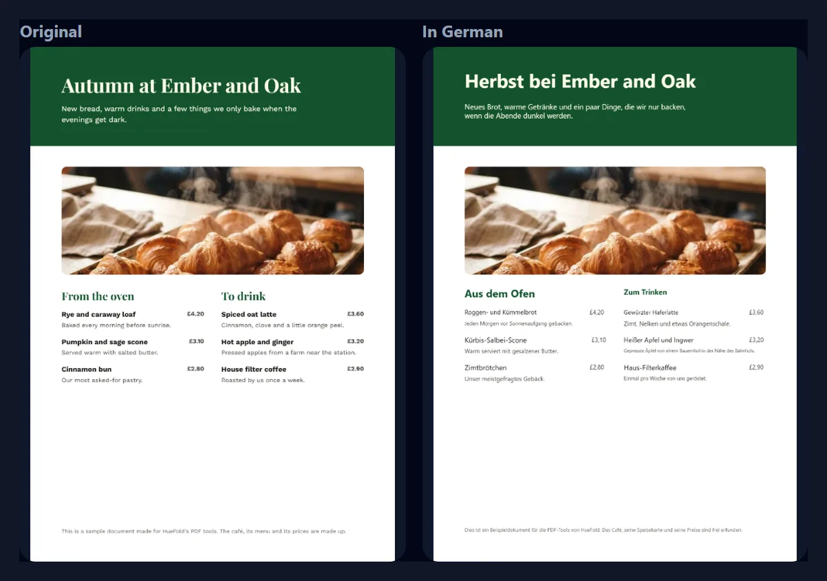 The flyer’s first page in English and German side by side: Herbst bei Ember and Oak in the green header, the menu headed Aus dem Ofen, and prices written £4,20, £3,10 and £2,80