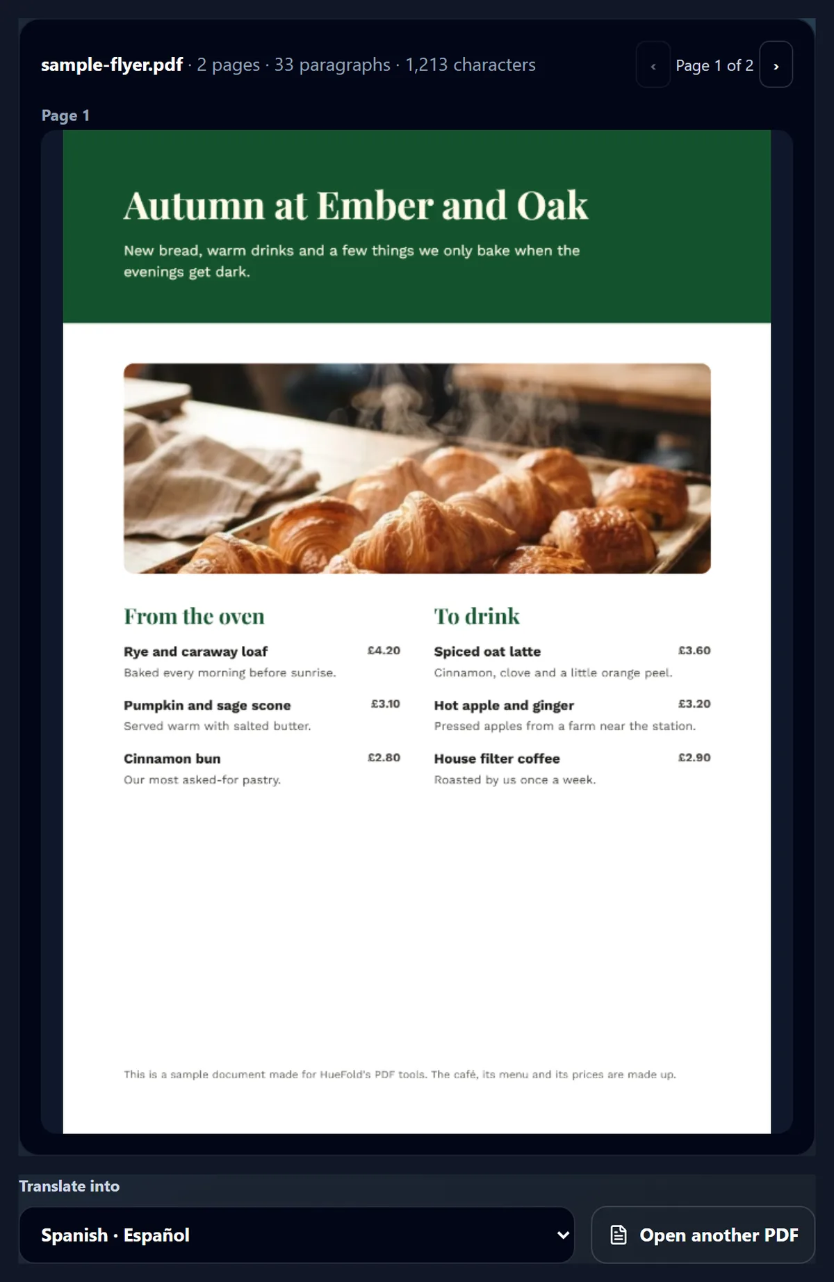 The sample flyer opened in the tool: sample-flyer.pdf, 2 pages, 33 paragraphs, 1,213 characters, page 1 with the green header Autumn at Ember and Oak, a photo of pastries and two menu columns with prices, and the language list set to Spanish