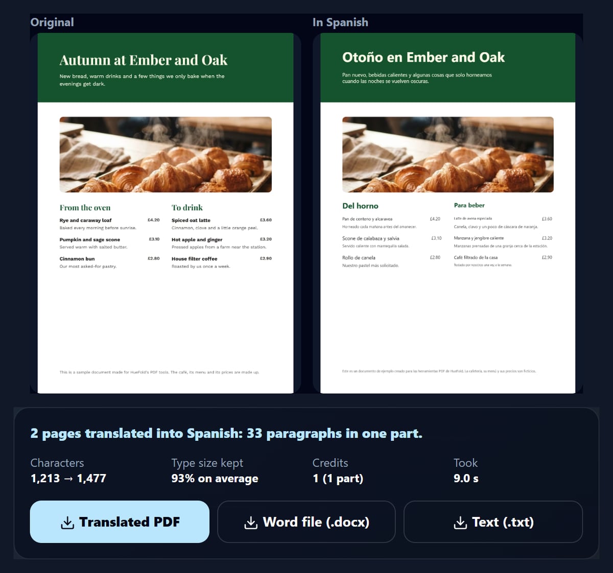 The sample café flyer in English and in Spanish side by side, with the layout, photo and colours kept, and the result summary under it