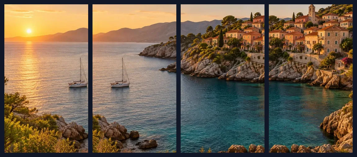 Four frames from a vertical 9:16 pan across a coastal photo