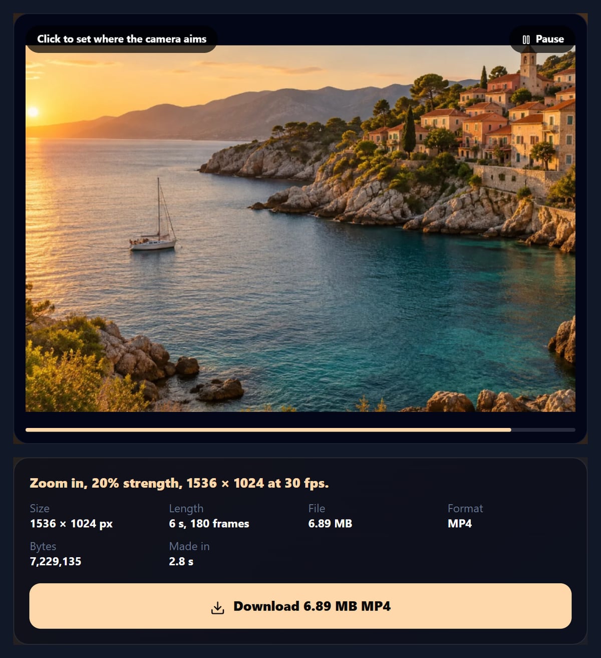 The photo animation tool after making a zoom-in MP4 from a coastal photo