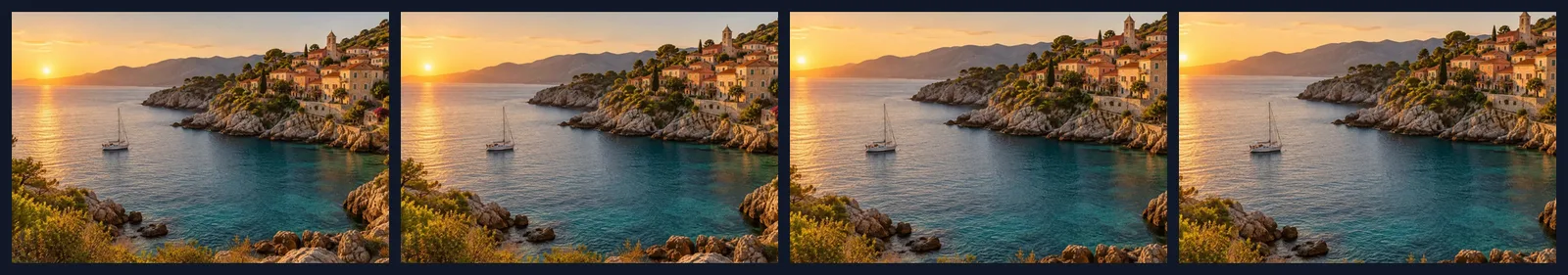 Four frames from a zoom-in video made from a coastal photo