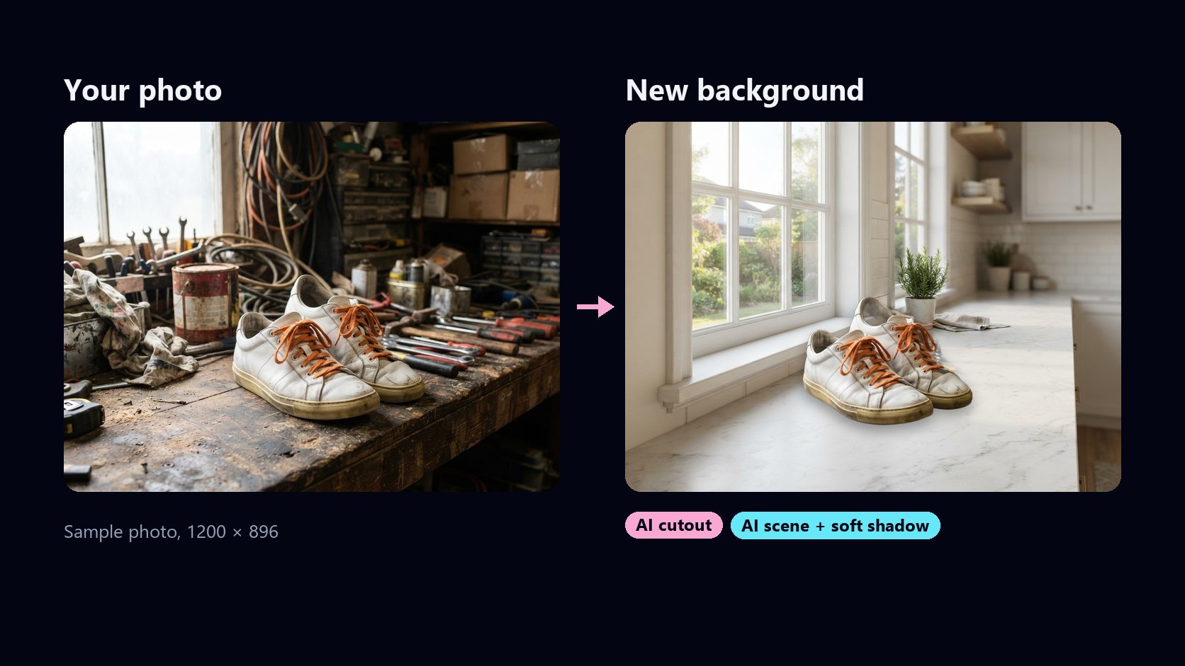 White sneakers on a cluttered garage workbench, next to the same sneakers cut out and placed on an AI-generated marble countertop by a window