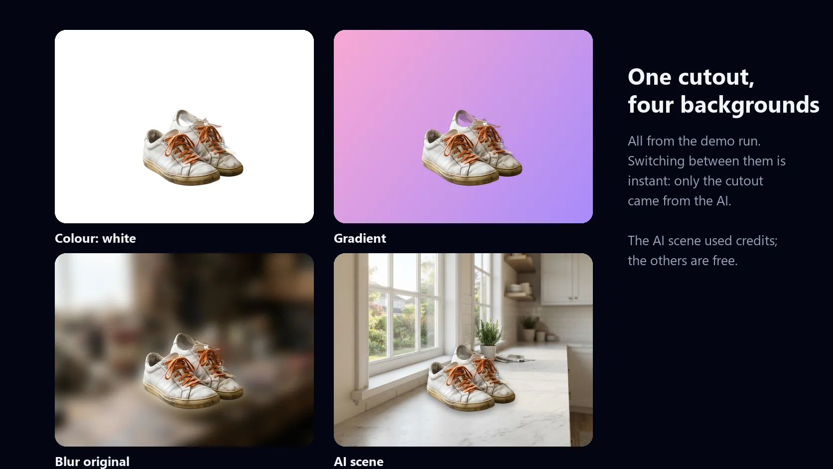 The same sneaker cutout on four backgrounds from the demo run: white, a pink-to-violet gradient, the original garage blurred, and an AI-generated marble countertop by a window
