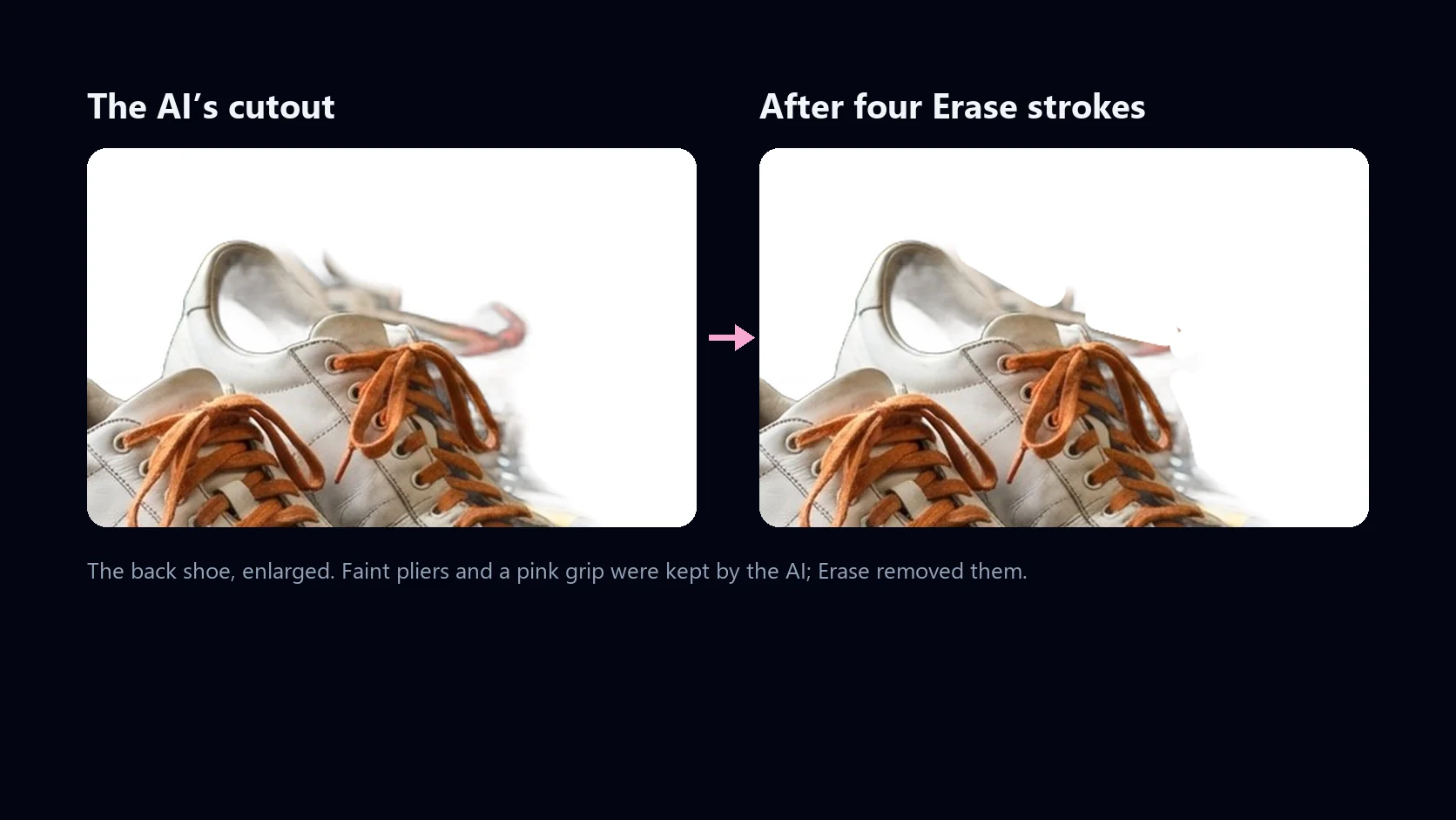 Close-up of the sneaker cutout from the demo run before and after Erase: faint pliers behind the back shoe on the left, gone on the right