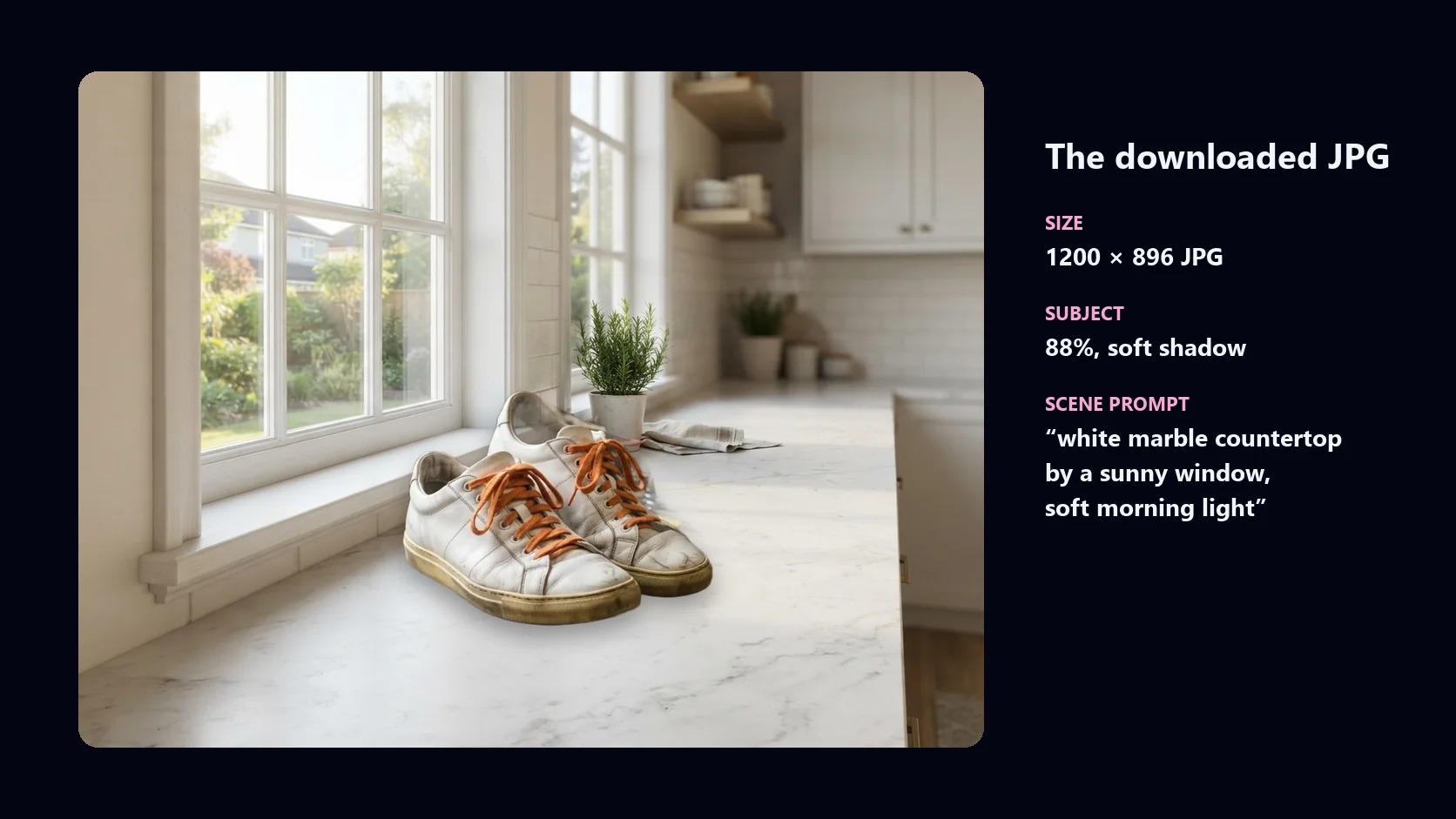 The finished photo from the demo run: the sneakers on an AI-generated marble countertop by a window, with a soft shadow