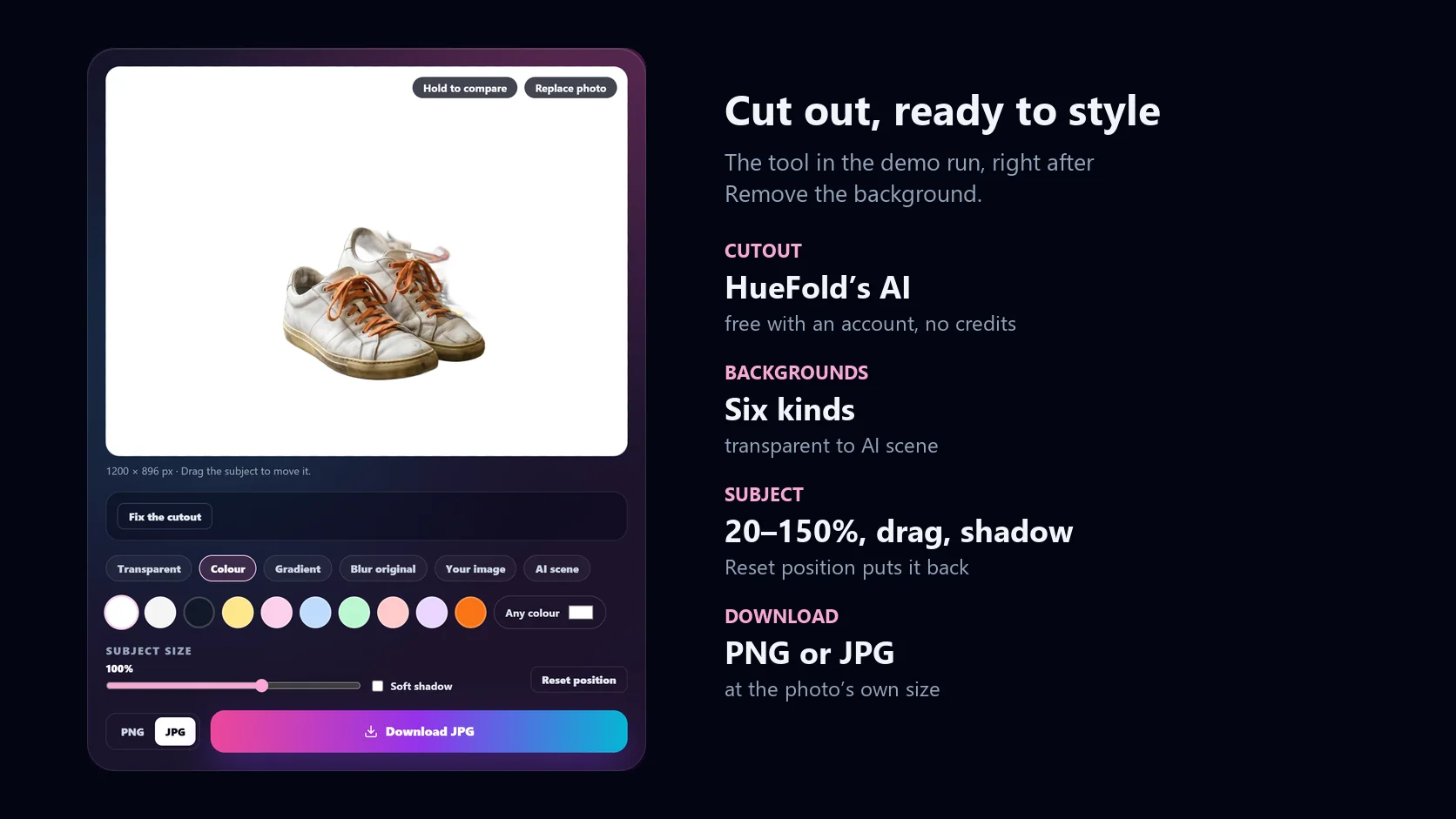 The photo background changer during the demo: the sneaker cutout on white, the Fix the cutout button and the six background types