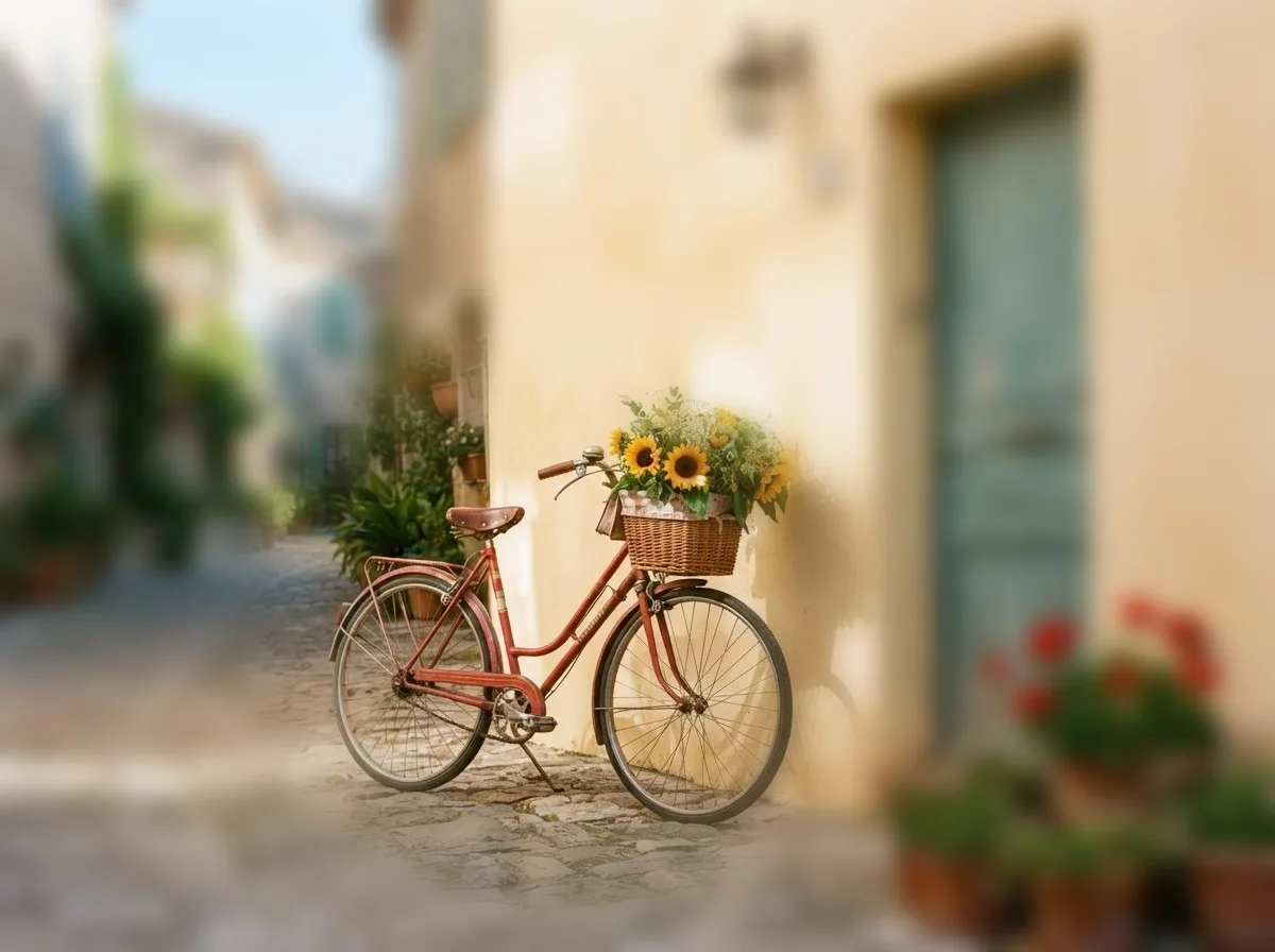 The street photo with the bicycle sharp and the background blurred