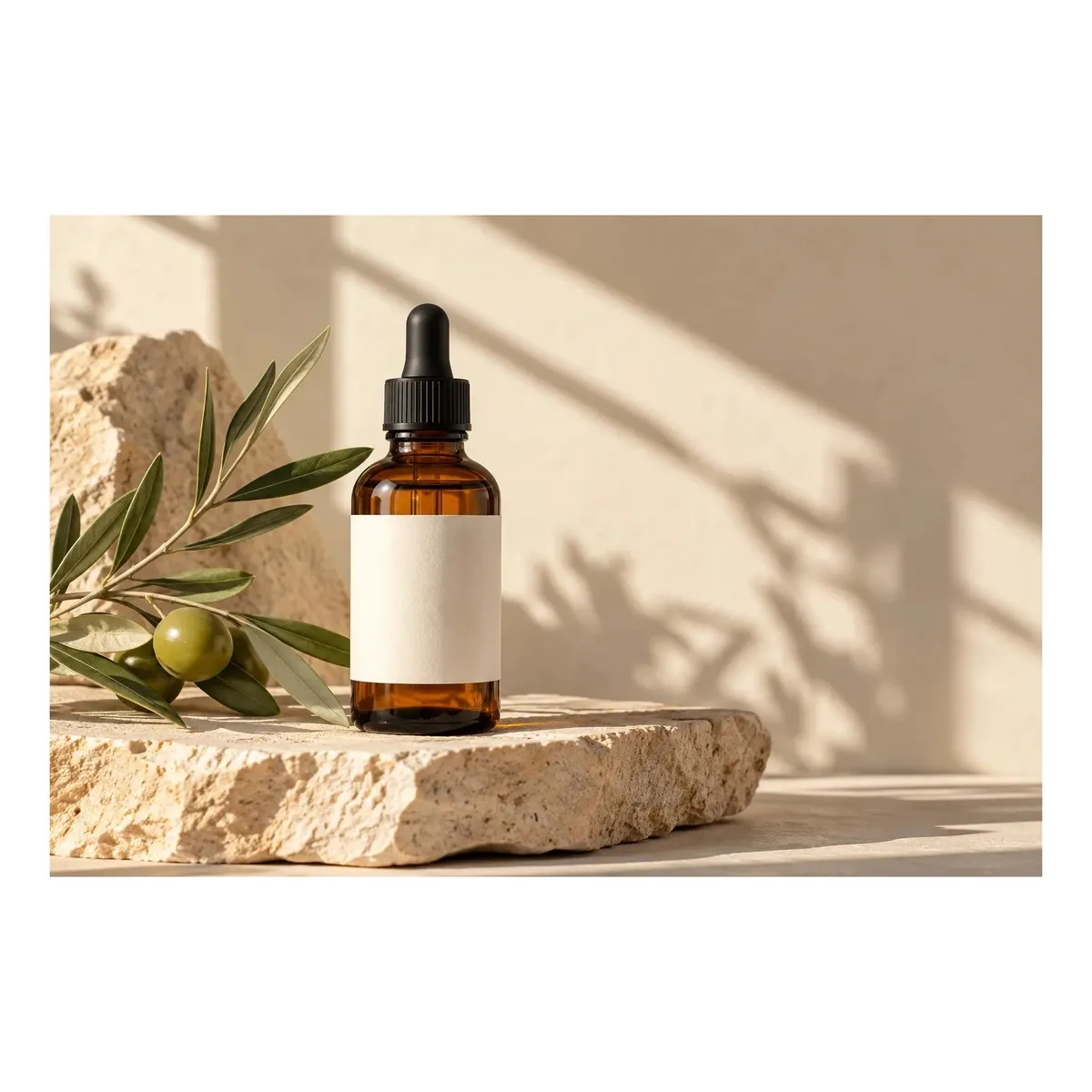A serum bottle product photo on a white square border
