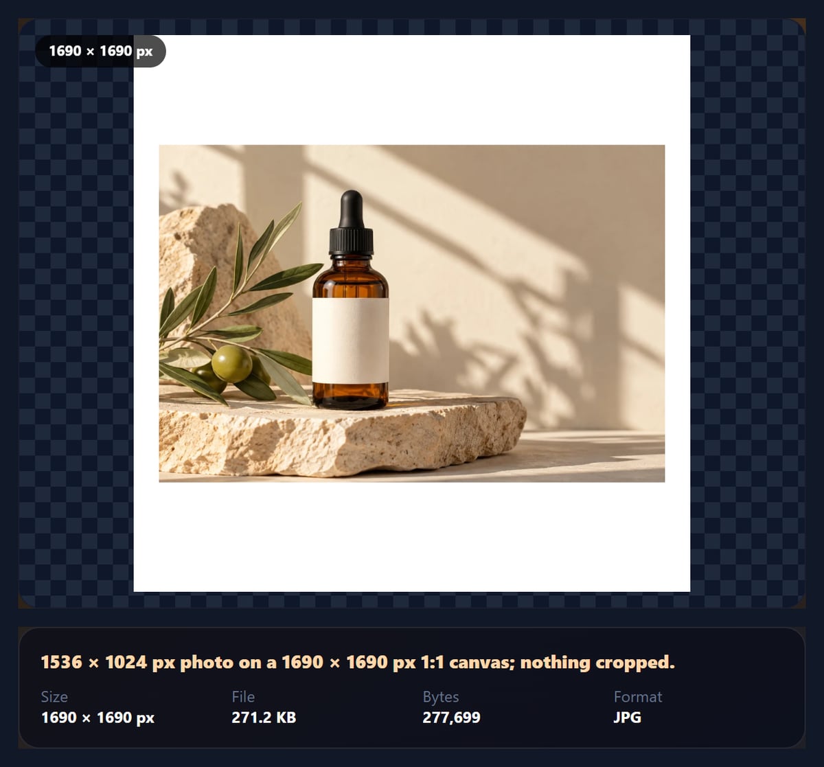The photo borders tool padding a product photo to a white square