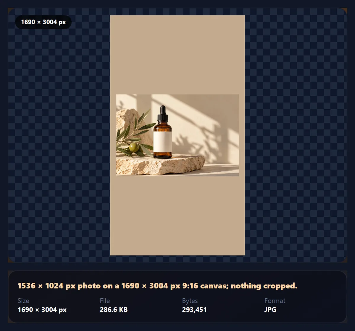 A product photo padded to a 9:16 story with a sand-coloured border taken from its own edges
