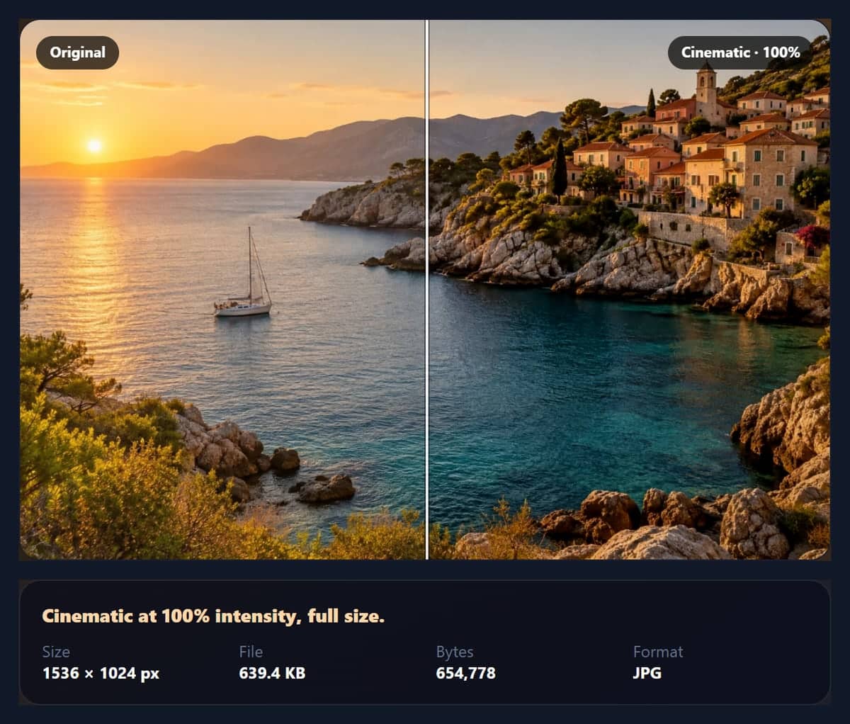 The photo effects tool comparing the cove sunset photo with the Cinematic look