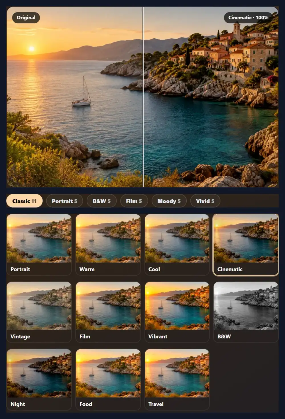 The effects tool with its group tabs and thumbnails of each look on the sample photo