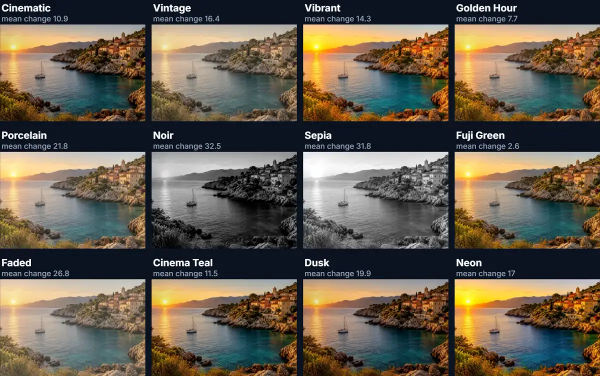 Twelve versions of the cove photo, one per look, from Cinematic to Neon
