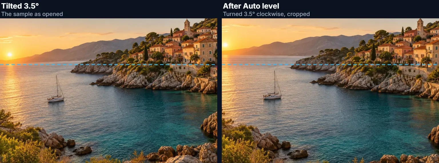 A coastal photo tilted 3.5 degrees beside the same photo after Auto level, with a level guide line