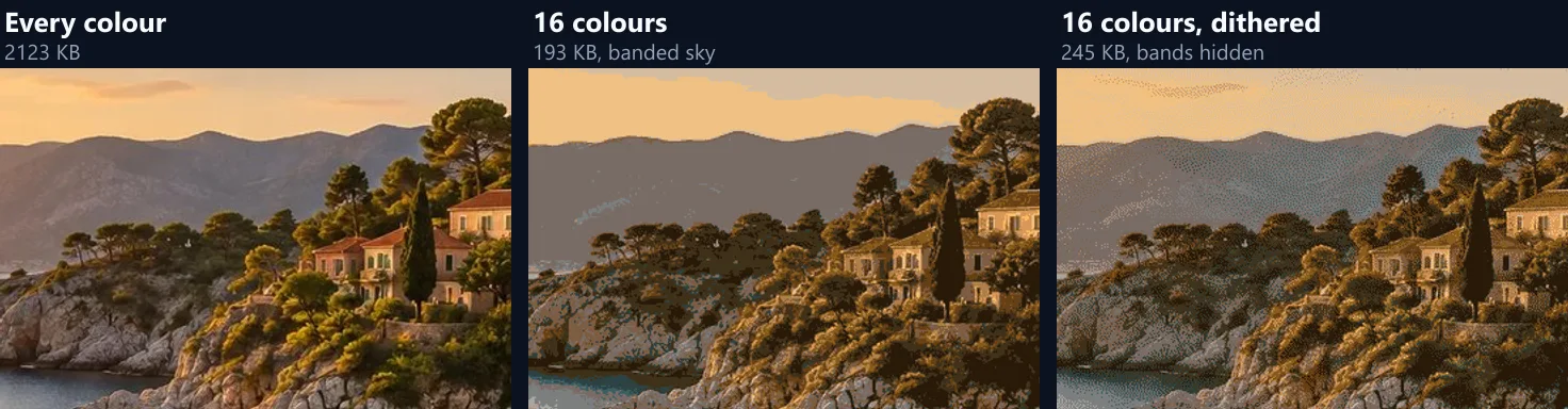 A crop of the coastal photo with every colour, with 16 colours showing banded sky, and with 16 colours dithered
