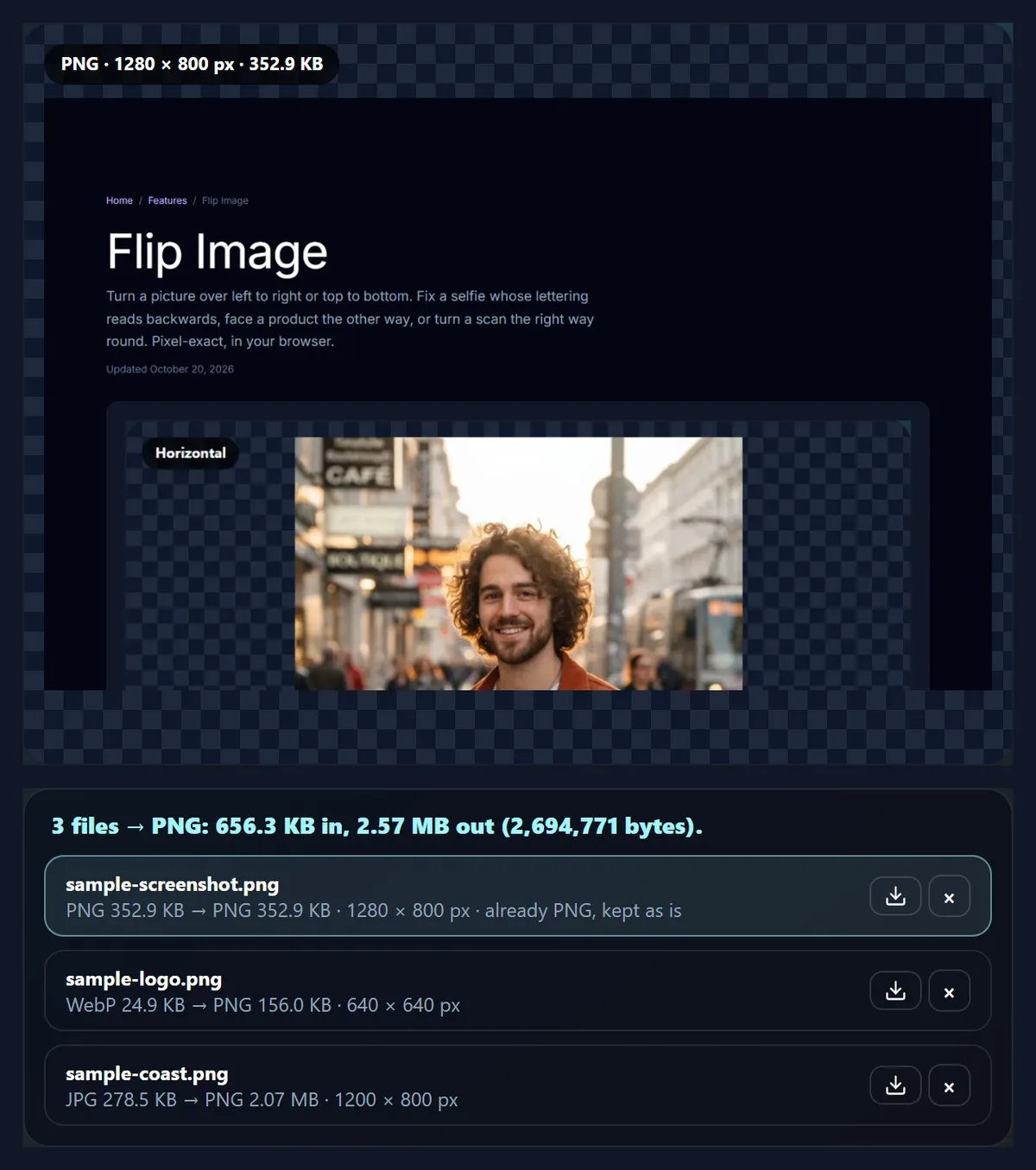 The PNG maker with three sample files converted to PNG and the list of their sizes