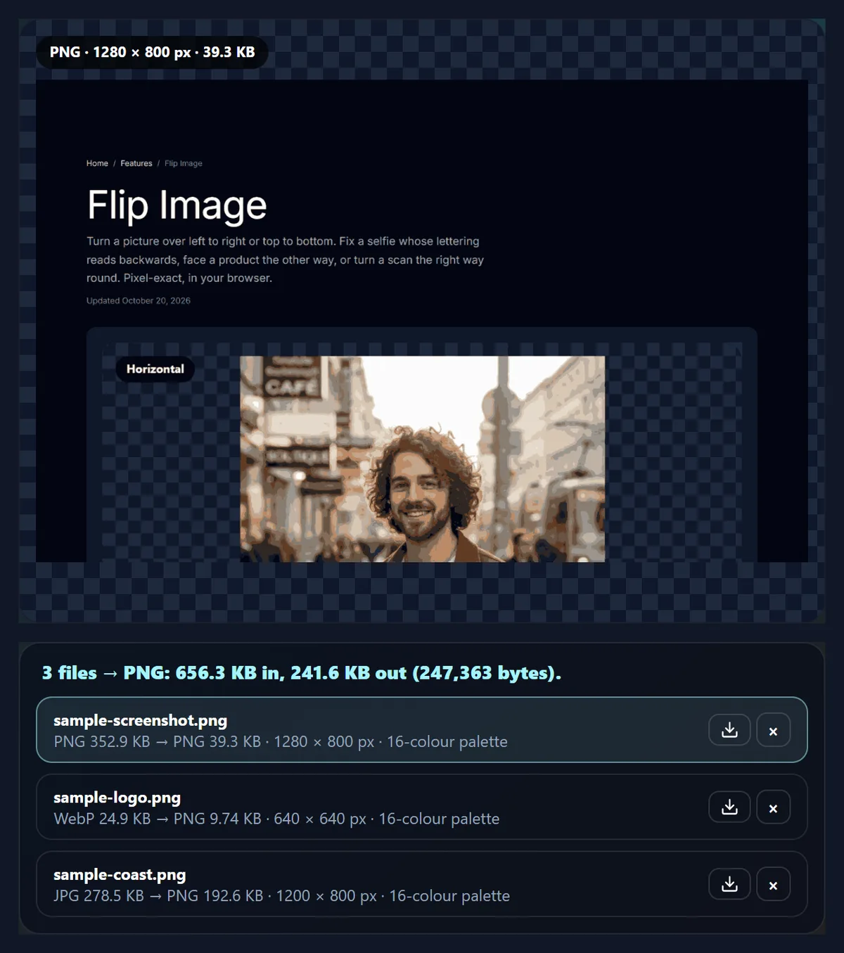 The PNG maker showing the screenshot sample saved with 16 colours