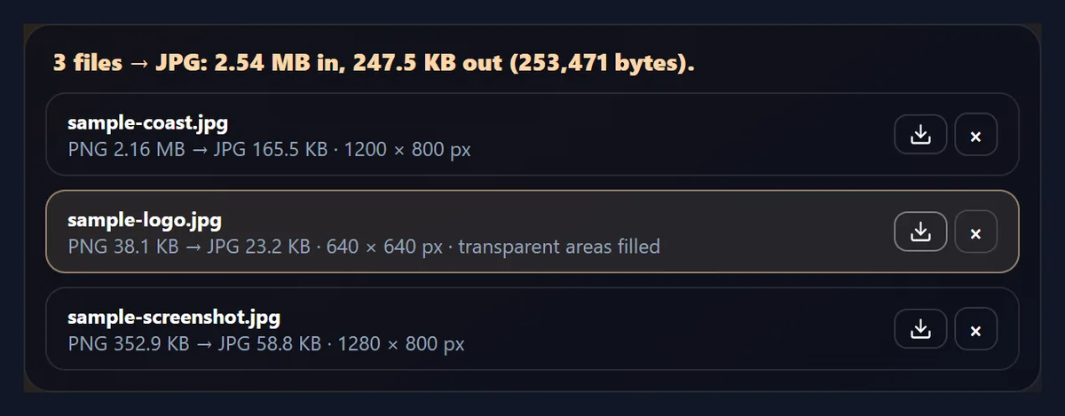 The converter list at 70% JPG quality