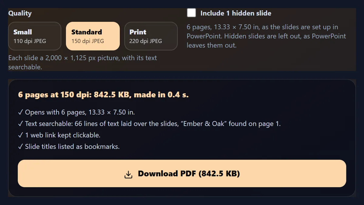 The PDF made and checked: 6 pages at 150 dpi, 842.5 KB