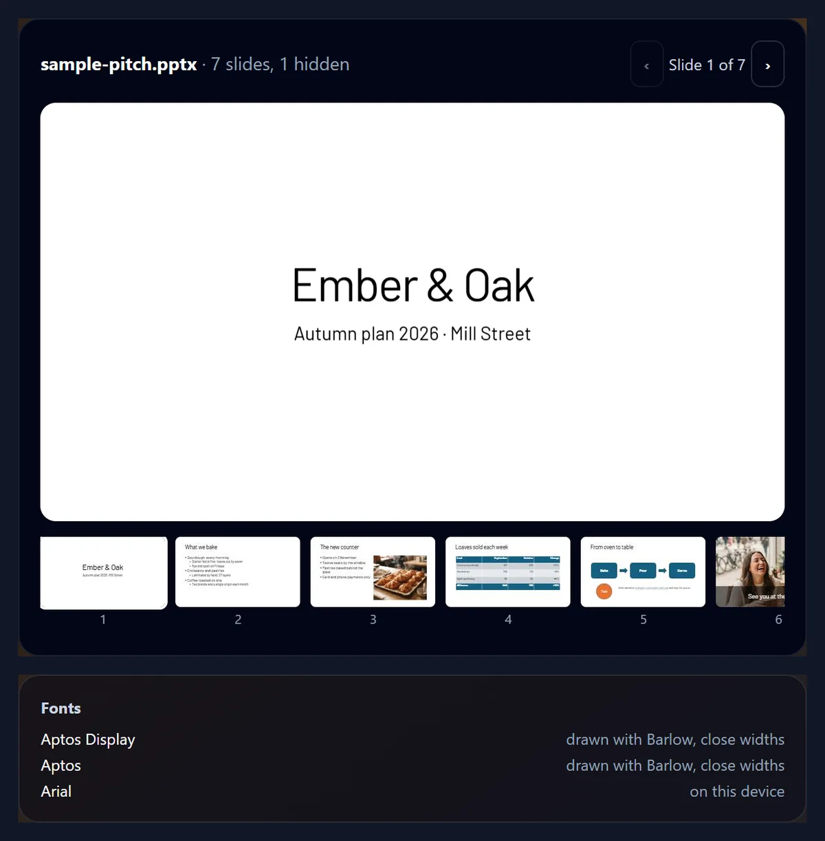 The PPT to PDF tool with the sample pitch deck open: the title slide Ember & Oak, Autumn plan 2026, Mill Street, large, six slide thumbnails below it, and a Fonts box saying Aptos Display and Aptos are drawn with Barlow and Arial is on this device