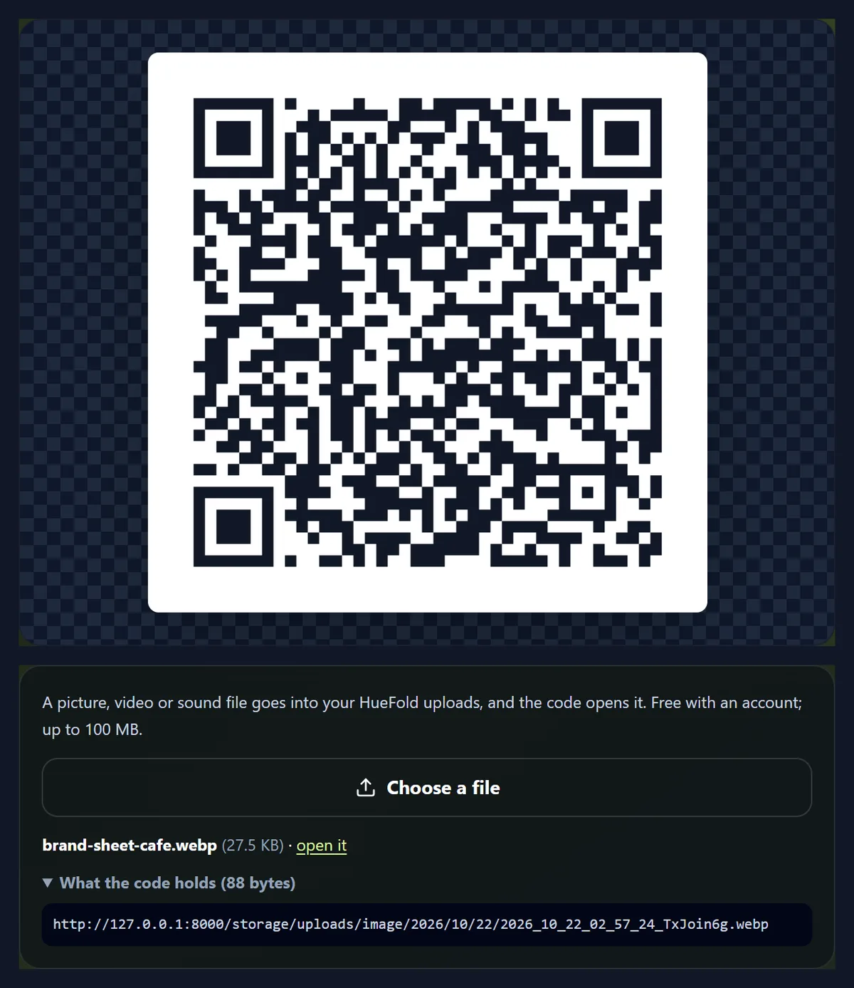 A QR code for an uploaded file, brand-sheet-cafe.webp, 27.5 KB, with an open it link and What the code holds showing the file's 88-character link
