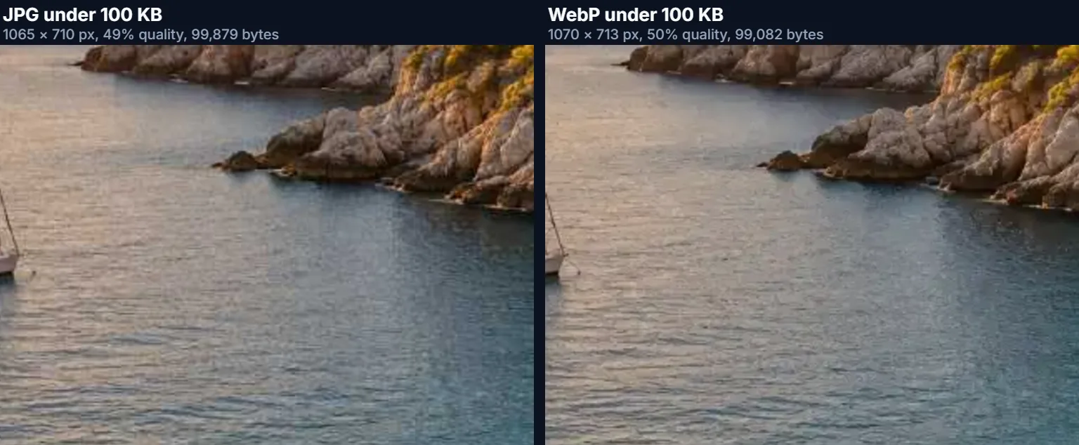The same region of the sample photo compressed under 100 KB as JPG and as WebP