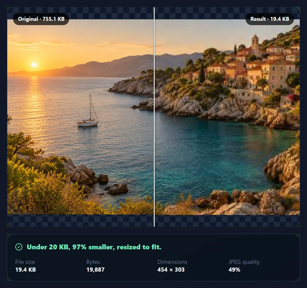The tool reducing the sample photo to under 20 KB by shrinking it to 454 by 303 pixels