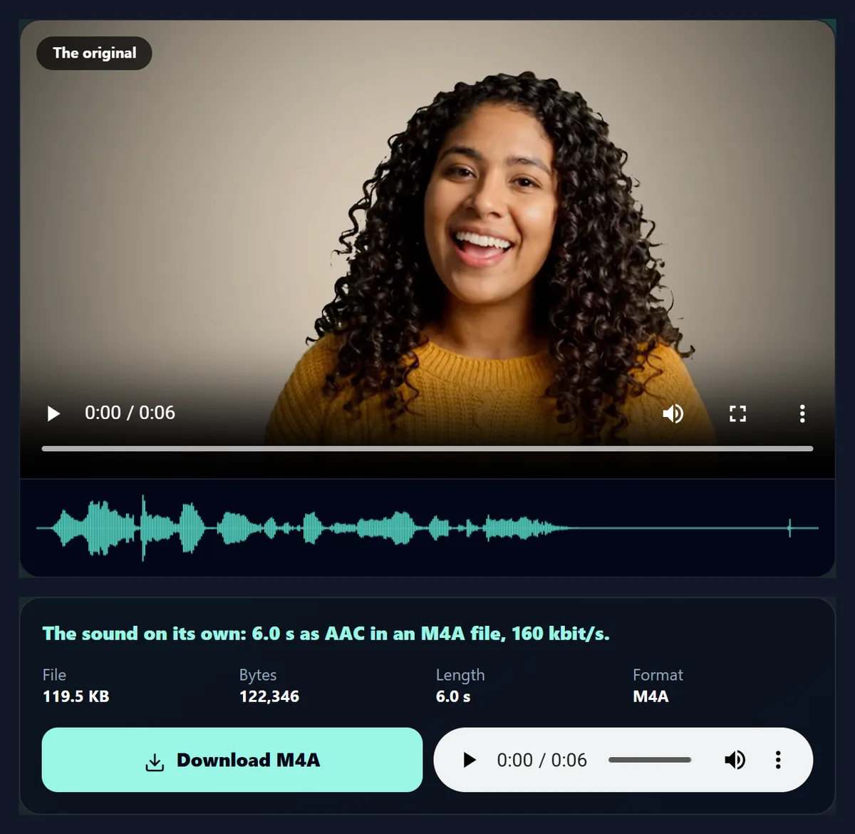 The tool after saving the sample’s sound as an M4A file, with an audio player and the file’s details