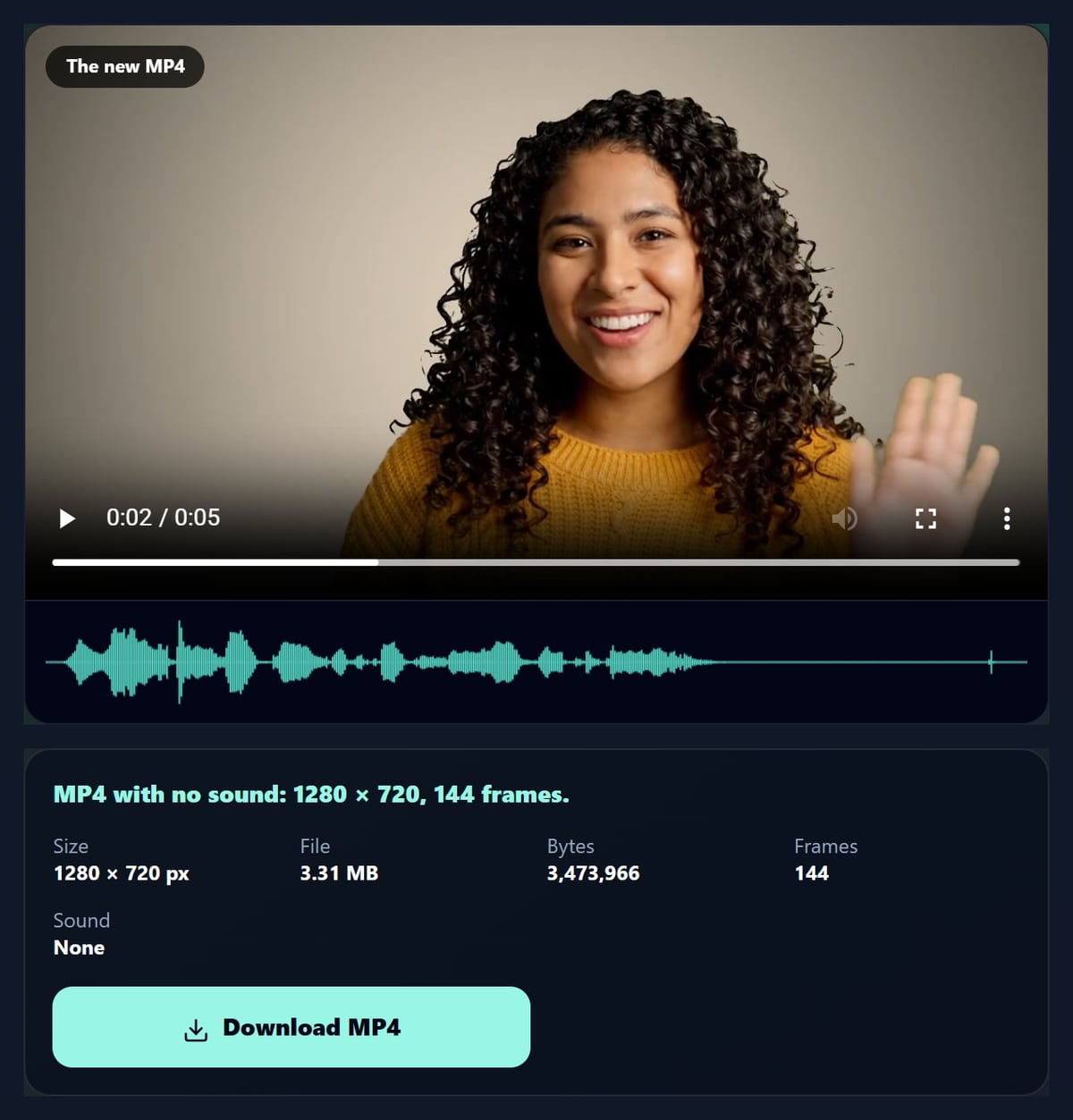 The remove audio tool with the silent MP4 made from the sample and its details: 1280 by 720, 144 frames, sound none