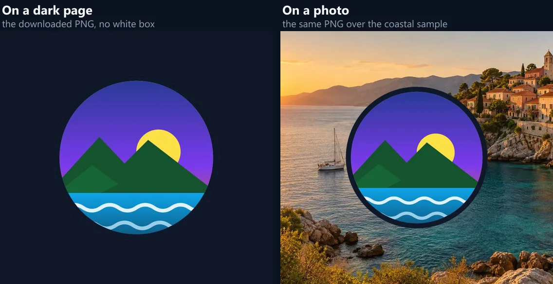 The transparent logo on a dark page and over a coastal photo