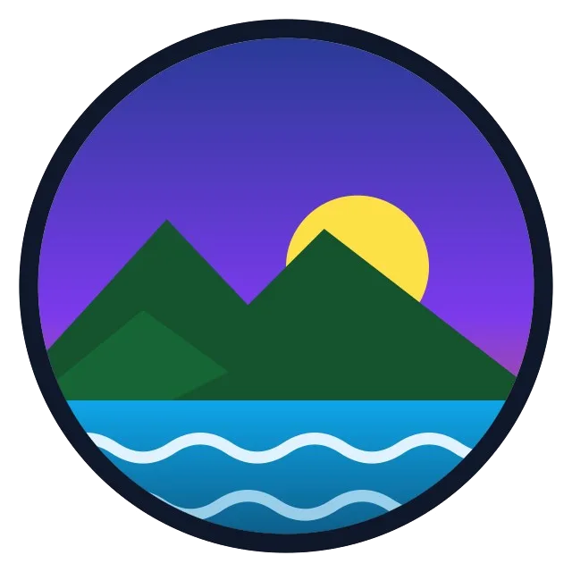 A round logo with mountains, a sun and waves on a transparent background