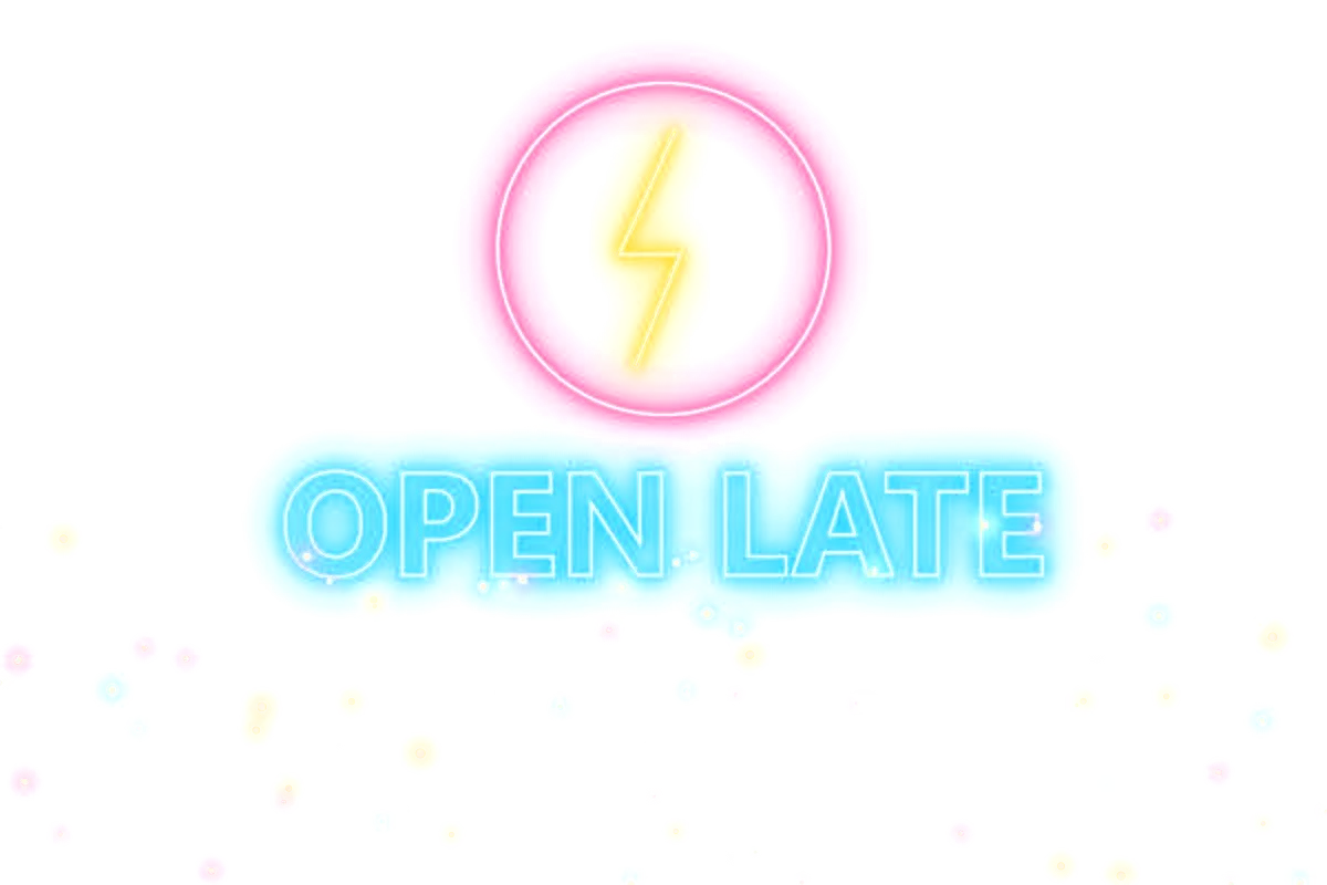 A neon sign with a pink ring, a yellow bolt and cyan OPEN LATE lettering on transparency