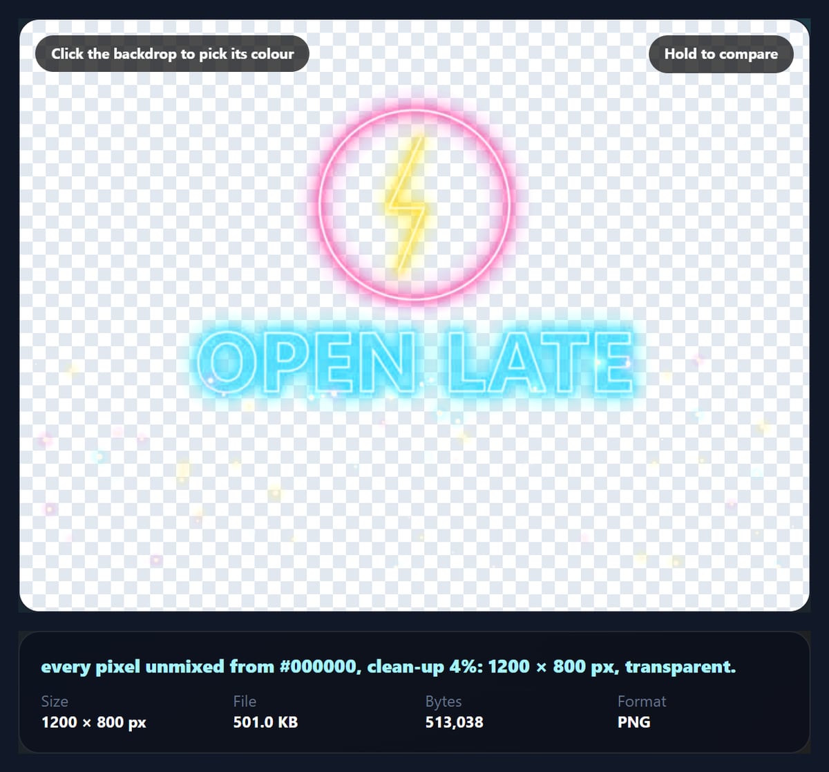 The black background remover with a neon sign whose black is now a transparent checkerboard