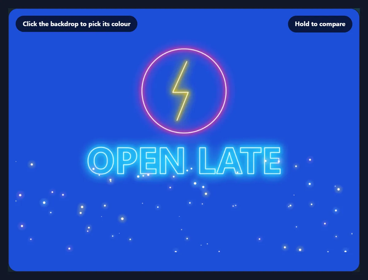 The neon sign on a blue background, its pink, yellow and cyan glow intact
