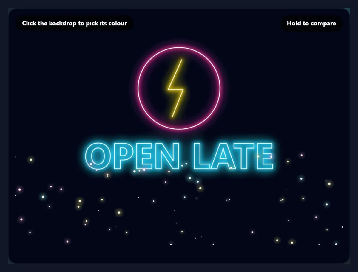 The neon sign on a near-black background, looking as it did originally